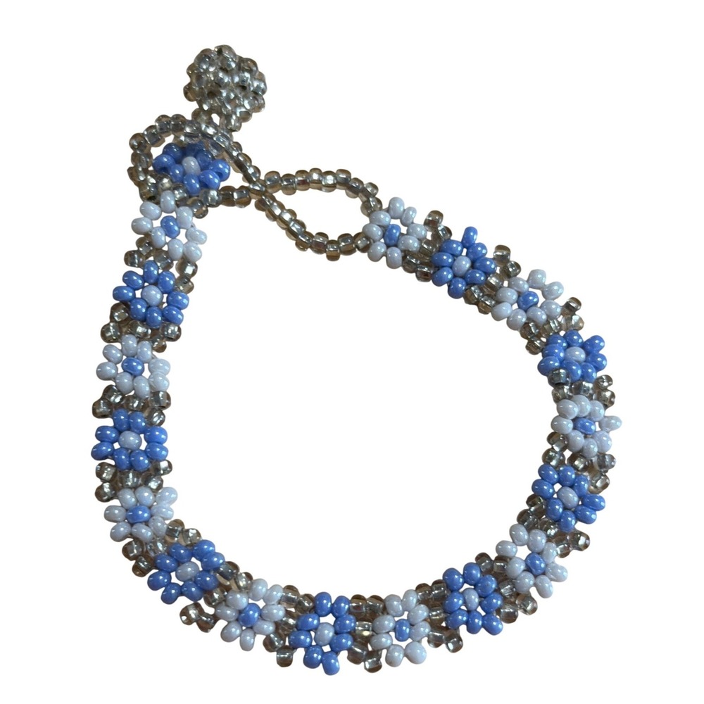Handmade Beaded Daisy Chain Flower Bracelet Blue White Silver Seed Beads Y2K